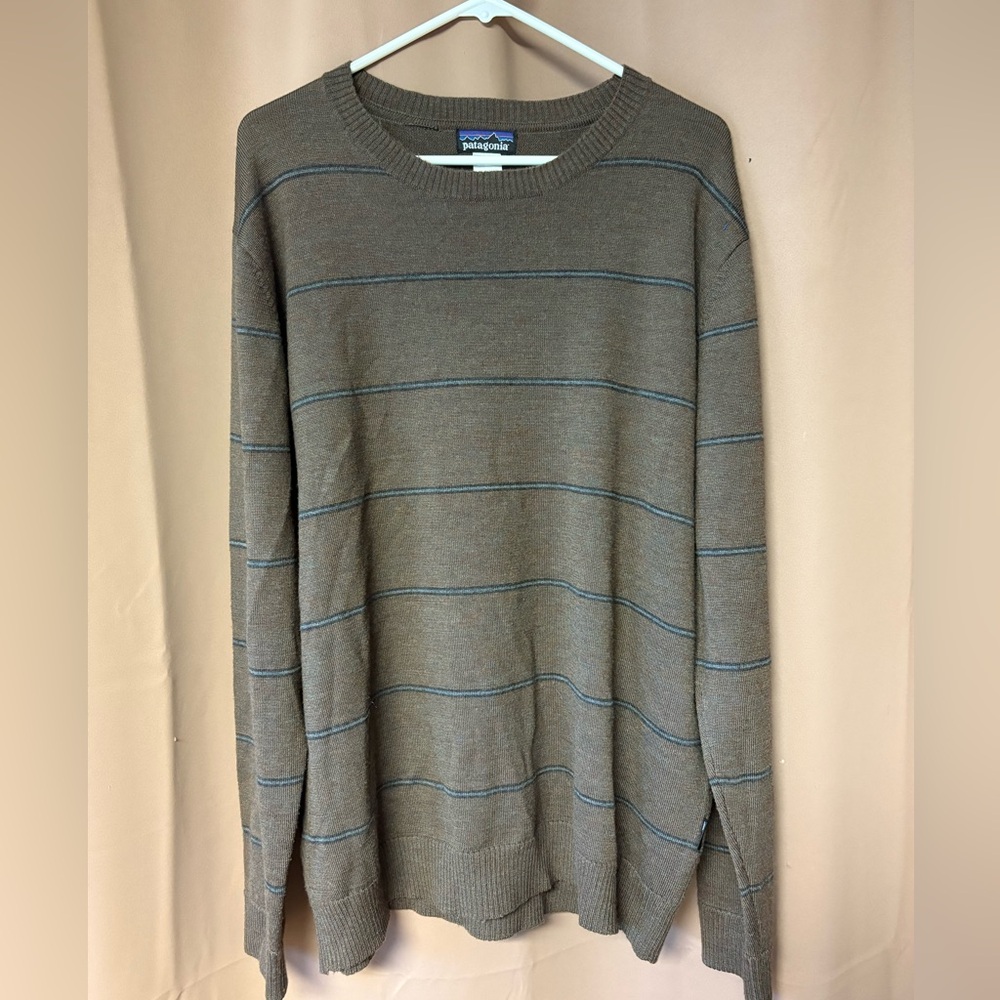 Patagonia Men's Merino Wool Sweater XL Brown Blue Striped Crewneck Pullover